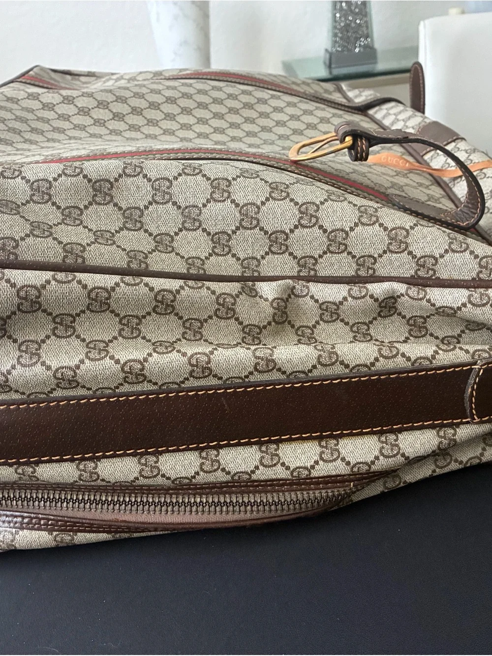 Gucci Beige GG Canvas Travel Bag with Brown Leather and Green-Red Web